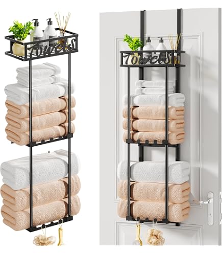 Porte-serviettes mural à 6 niveaux pour salle de bain, étagère en métal et crochets, rangement de serviettes roulé pour porte de salle de bain, noir