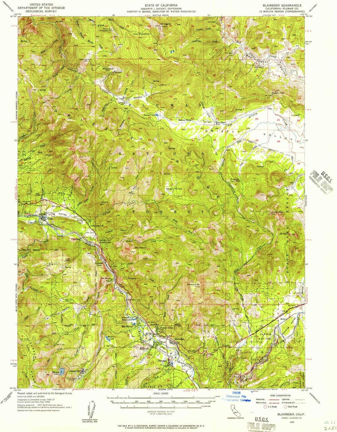 YellowMaps Blairsden CA topo map, 1:62500 Scale, 15 X 15 Minute, Historical, 1956, Updated 1957, 20.8 x 16.7 in