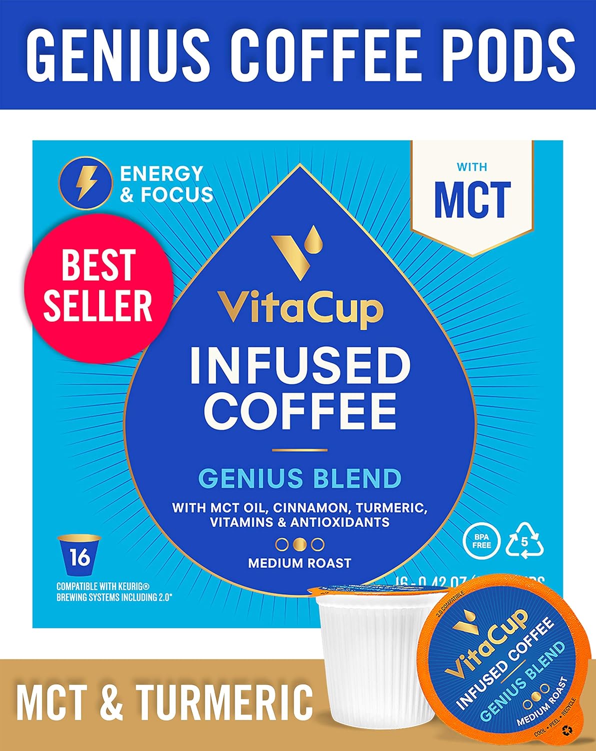 VitaCup Genius Blend Coffee Pods 16ct Energy & Focus MCT, Turmeric