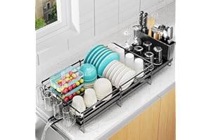 Large Dish Drying Rack - Extendable Dish Rack for Kitchen Counter, Multifunctional Dish Drainer with Drainboard Set, Dishrack