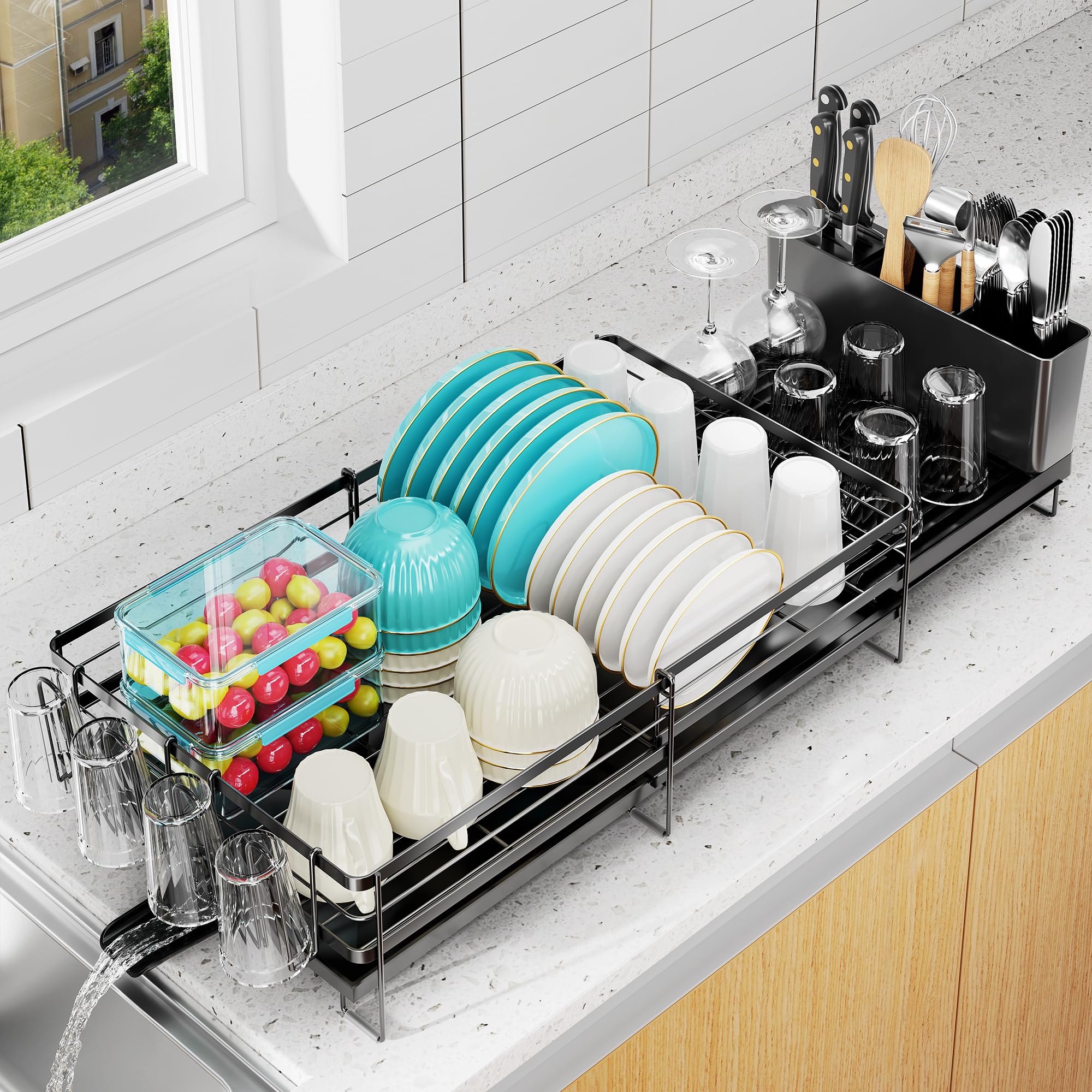Photo 1 of Pantasia Large Dish Drying Rack, Expandable Dish Rack for Kitchen Counter, Upgraded Dish Drainer with Drainboard Set, Multifunctional Dishrack with Utensil Holder & Cup Holder, 13.4"-28.7" L x 11.8" W