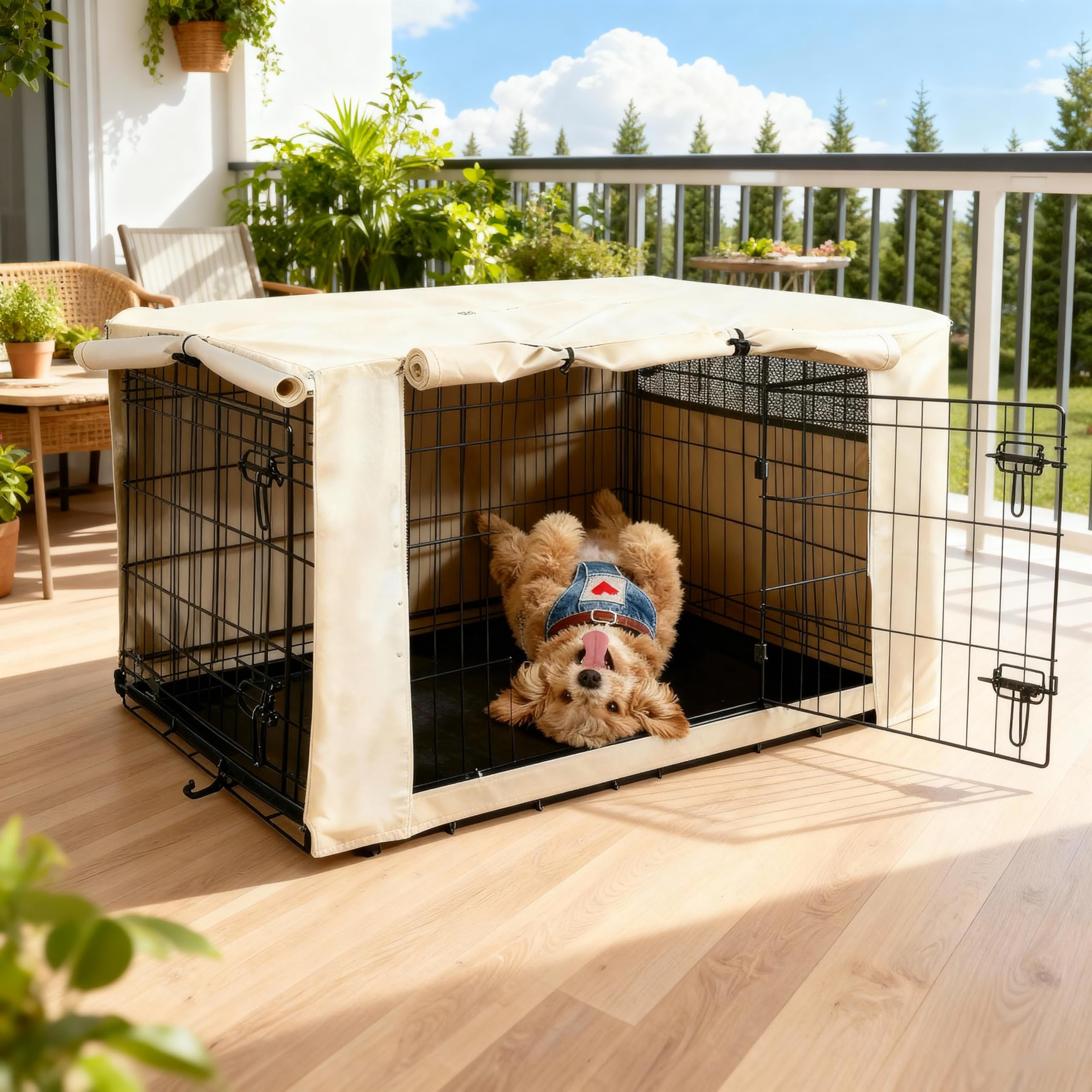 Photo 1 of HiCaptain Dog Crate Cover 48.0" L x 30.0" W x 33.0" H with Breathable Mesh, Durable Heavy Duty Kennel Cover, Dual Zippered Panels, Windproof Waterproof UV-Resistant(Beige)