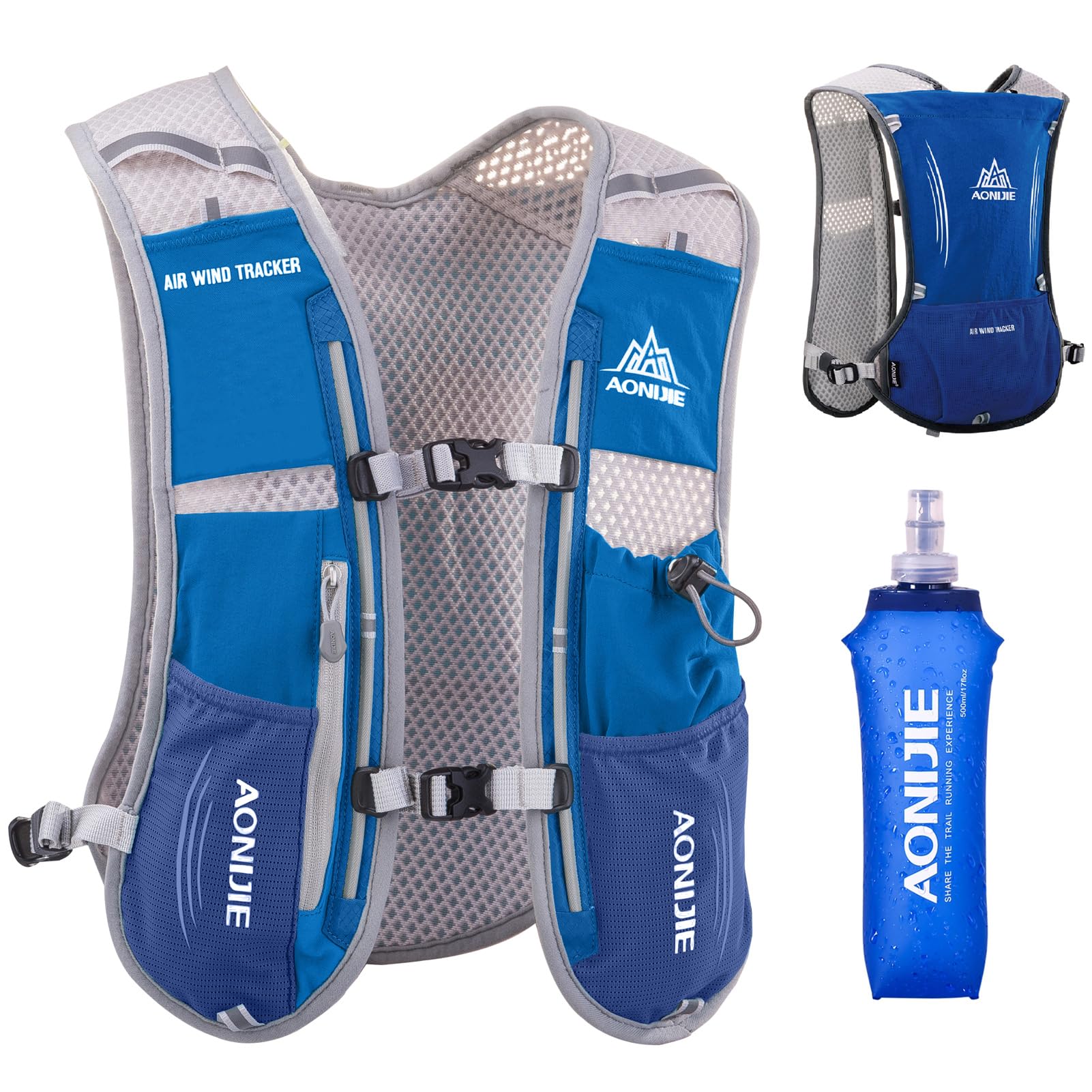 5 L Running Vest Backpack, Lightweight Hydration Vest Backpack for Women & Men Outdoor Sports, Marathon, Trail Race, Cycling, Hiking, Climbing (Blue with 500ml Soft Flask)
