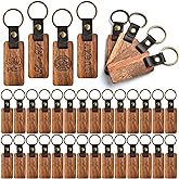 Supkiir 50Pcs Leather Keychain Blanks, Wooden Keychain with Leather Strap, Unfinished Wood Engravable Blank Key Chain for Laser Engraving DIY Various Key Tags Craft Gift