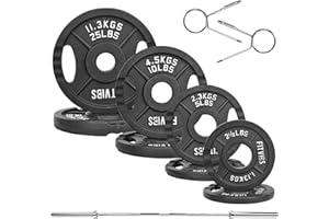 Fitvids Olympic Cast Iron 2-Inch Weight Plates Including 5FT Olympic Barbell Bar with Safely Locks, 100 Pounds Set (85 Lbs Plates + 15 Lbs Barbell Bar), Multiple Packages