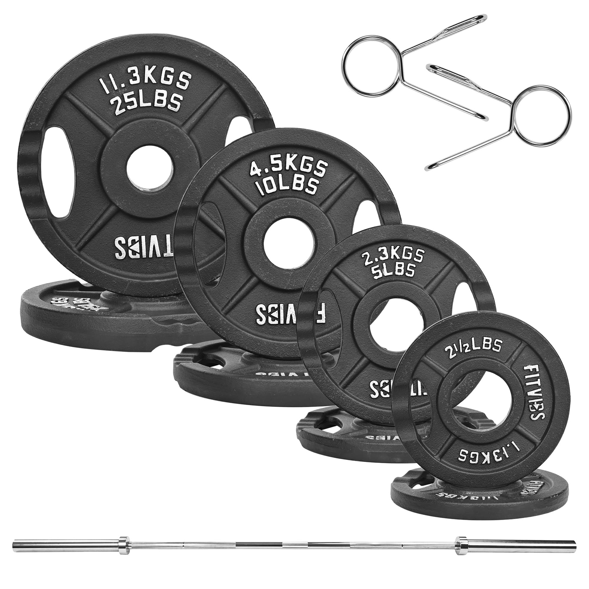 Photo 1 of Fitvids Olympic Cast Iron 2-Inch Weight Plates Including 5FT Olympic Barbell Bar & Safely Locks, 100 Pounds Set (85 Lbs Plates + 15 Lbs Barbell Bar), Multiple Packages