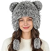HKSICHENGKEJI Winter Faux Fur Raccoon Tail Hat with Ears Cute Warm Furry Animal Ears Tail Beanie Hat for Women Cosplay Ski