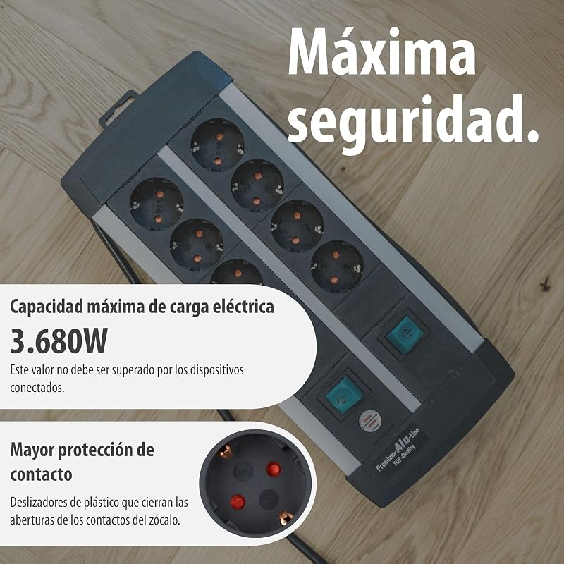 Premium-ALU-Line regleta enchufes con 8 Tomas y Interruptor Individual (regleta para Montaje en Pared, Cable de 3 m, 2X Interruptor Iluminado, Fabricado en Alemania)