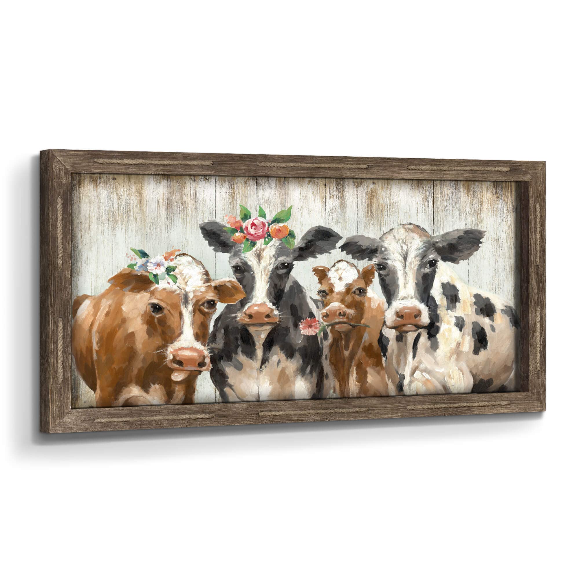 Photo 1 of Wooden Farmhouse Cute Cattle Wall Art: Large Rustic Framed Wall Decor Funny Farm Animal Theme Artwork Prints Flower Crown Cow Picture for Home Office Bedroom Living Room Decoration 48x24 inch
