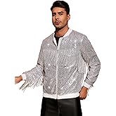 Lars Amadeus Shiny Tassel Jacket for Men's Zipper 70s Disco Sparkly Sequins Baseball Bomber Jackets
