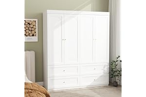 Mhsatyrs White Wardrobe Closet with 4 Doors, 74" Modern Wardrobe Storage Wooden Closet with 4 Drawers, Large Bedroom Armoire with Hanging Rod, Grooved Armoire with Shelves (White)