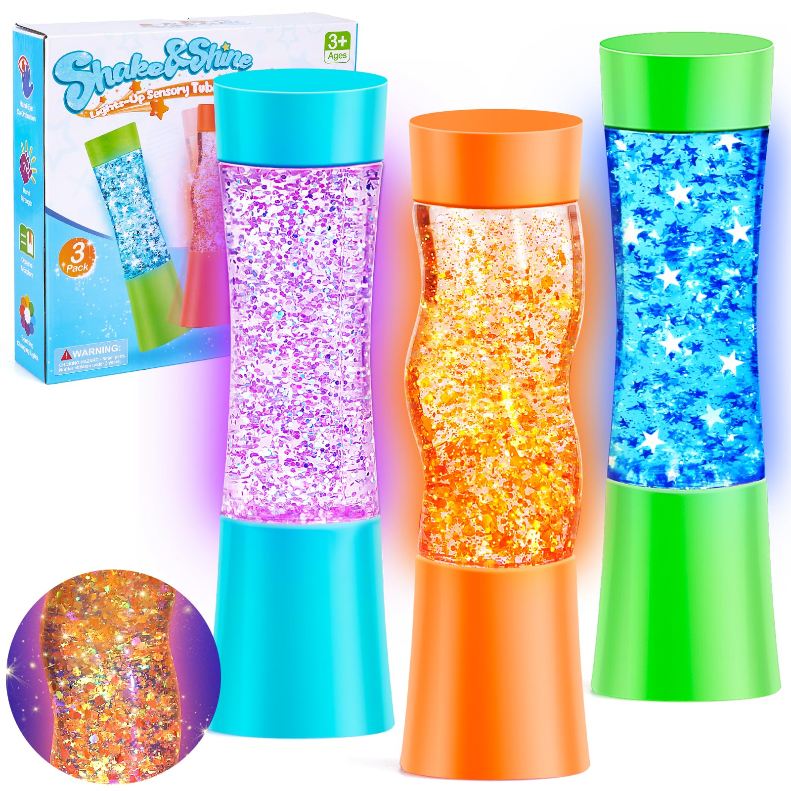 NYOBABE Sensory Toys for Autism & ADHD,3 Pack Light-Up Sensory Tubes,Sensory Lights Fidget Toy for Stress & Anxiety Relief,Autism Sensory Equipment Special Needs Developmental Toys for Kids & Adults