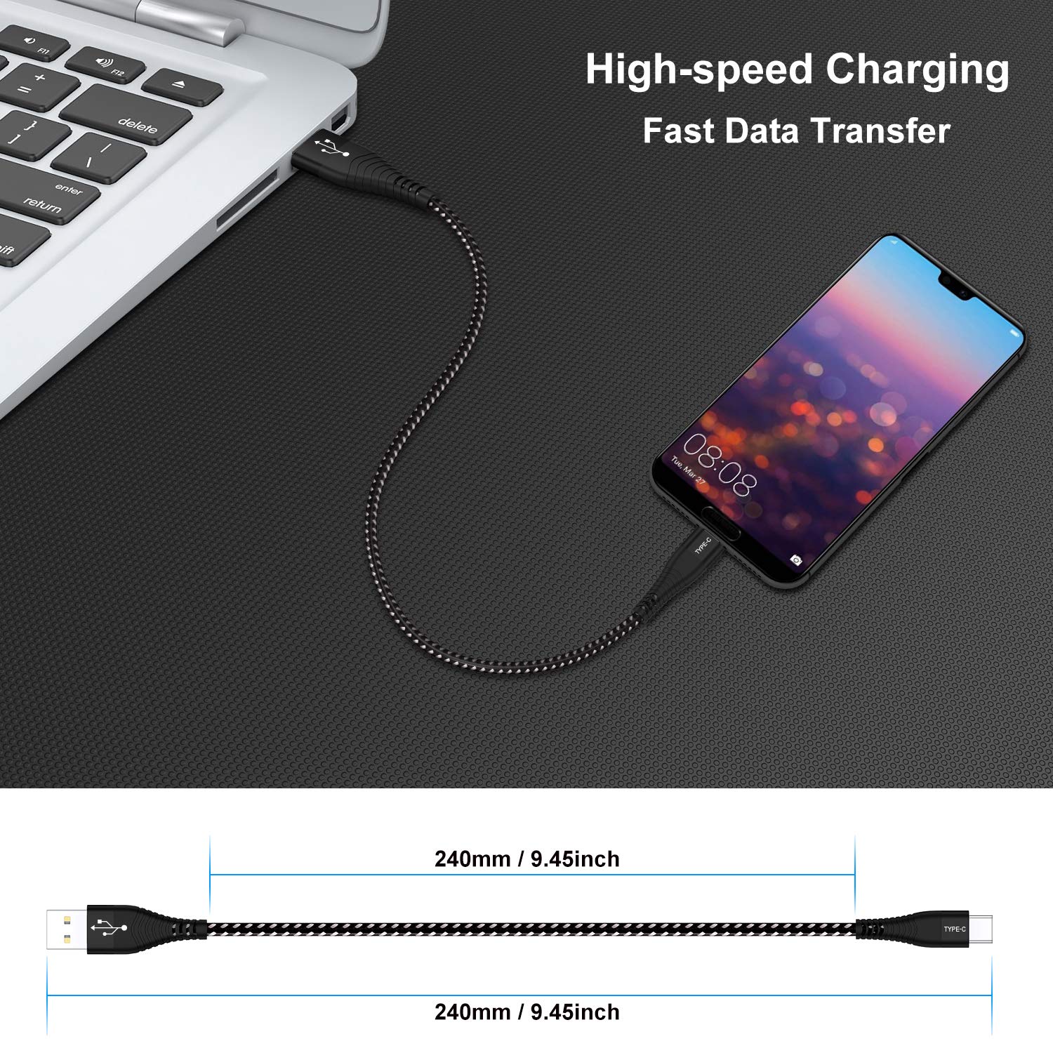 Short USB Type C Cable,Yostyle 1FT 3Pack Nylon Braided USB A to C Fast Charging & Data Sync Cord for Samsung Galaxy S10/ S9 / S9+ / S8 / S8+ / Note 8,LG V20 G5 G6, Pixel,MacBook, Nintendo Switch