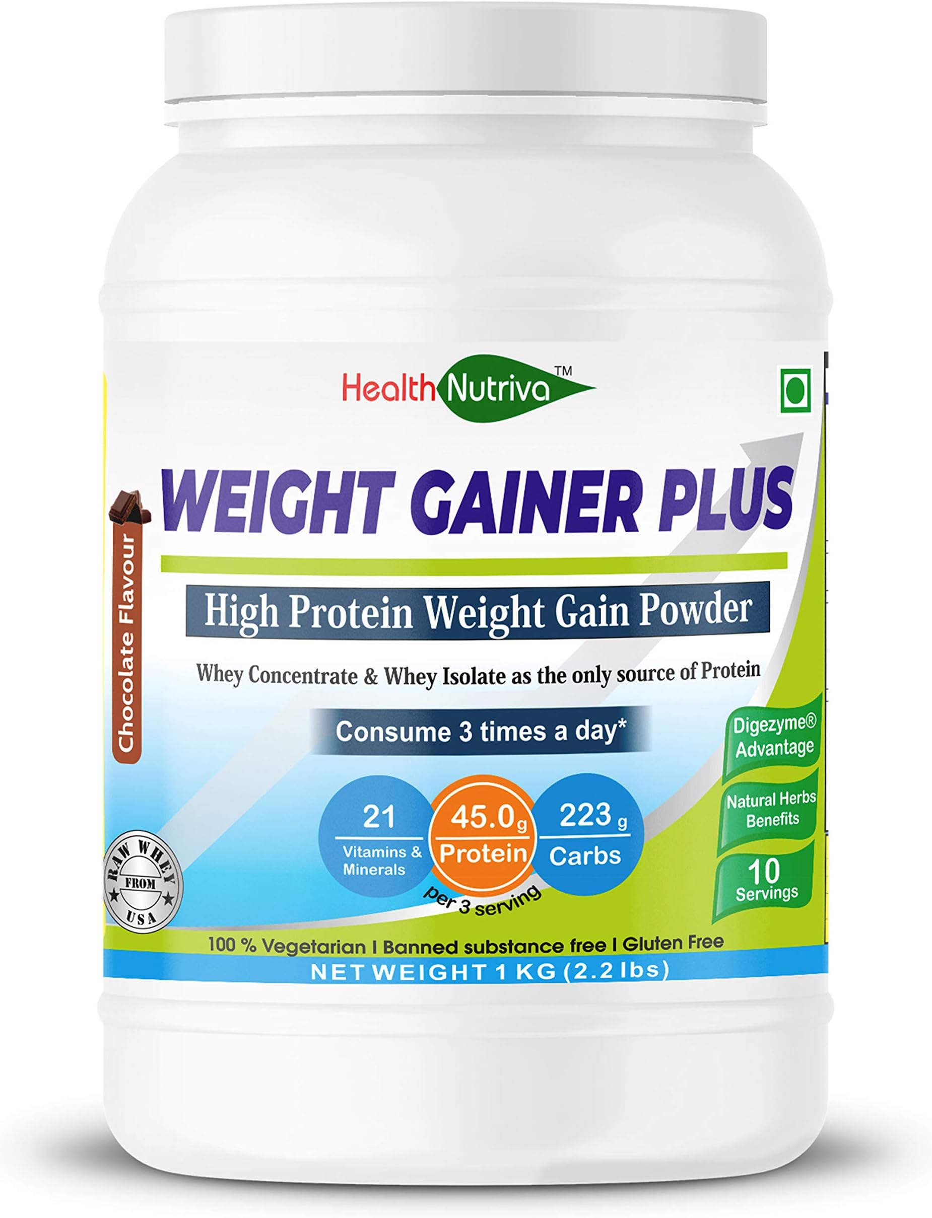 Advance MuscleMass Health Nutriva Weight Gainer Plus with Whey Proteins Supplement Powder (Chocolate, 1 kg/2.2 lb, 10 Servings)