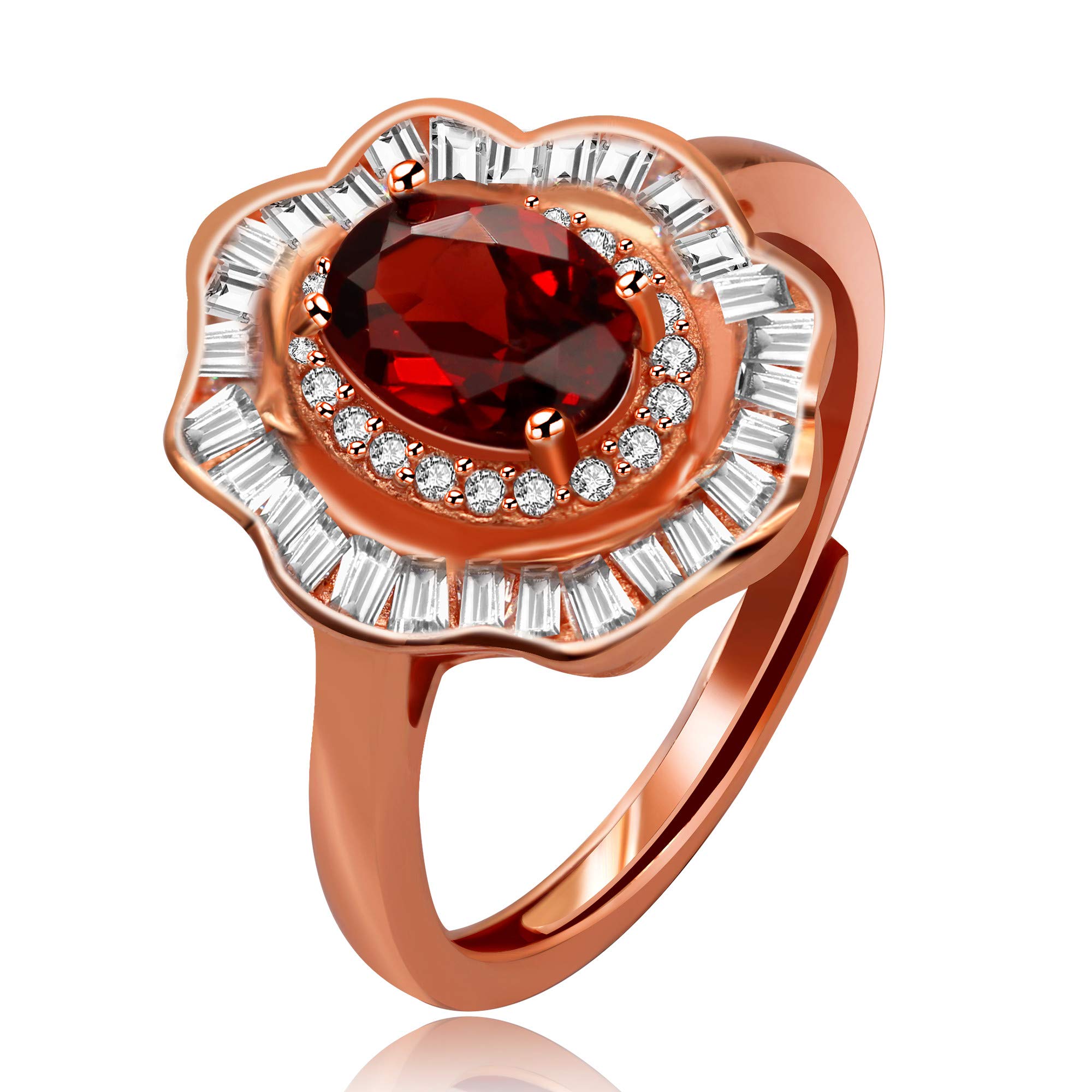 Uloveido Women Resizable Red Garnet Stone Flower Ring Rose Gold Plated for Girls January Birthday Gift FJ117