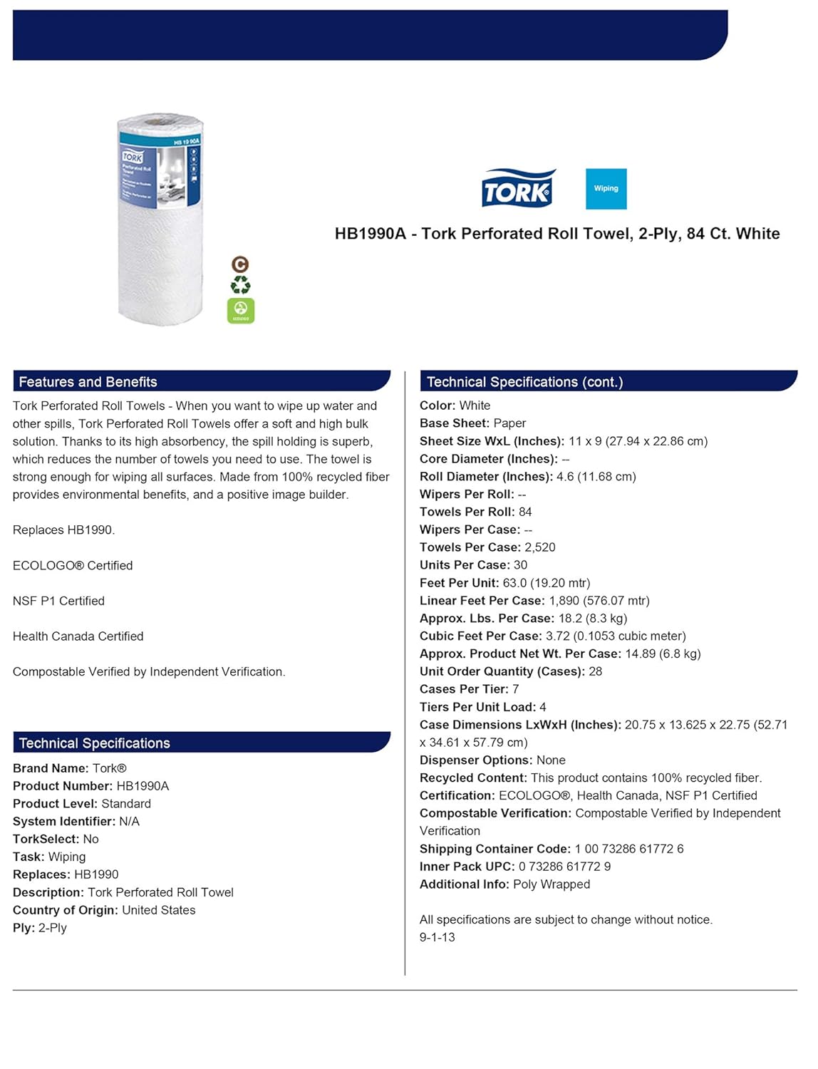 Tork HB1990A Perforated Paper Roll Towel, 2-Ply, 11" Width x 9" Length, White (Case of 30 Rolls, 84 Per Roll, 2, 520 Towels): Paper Towels: Industrial & Scientific