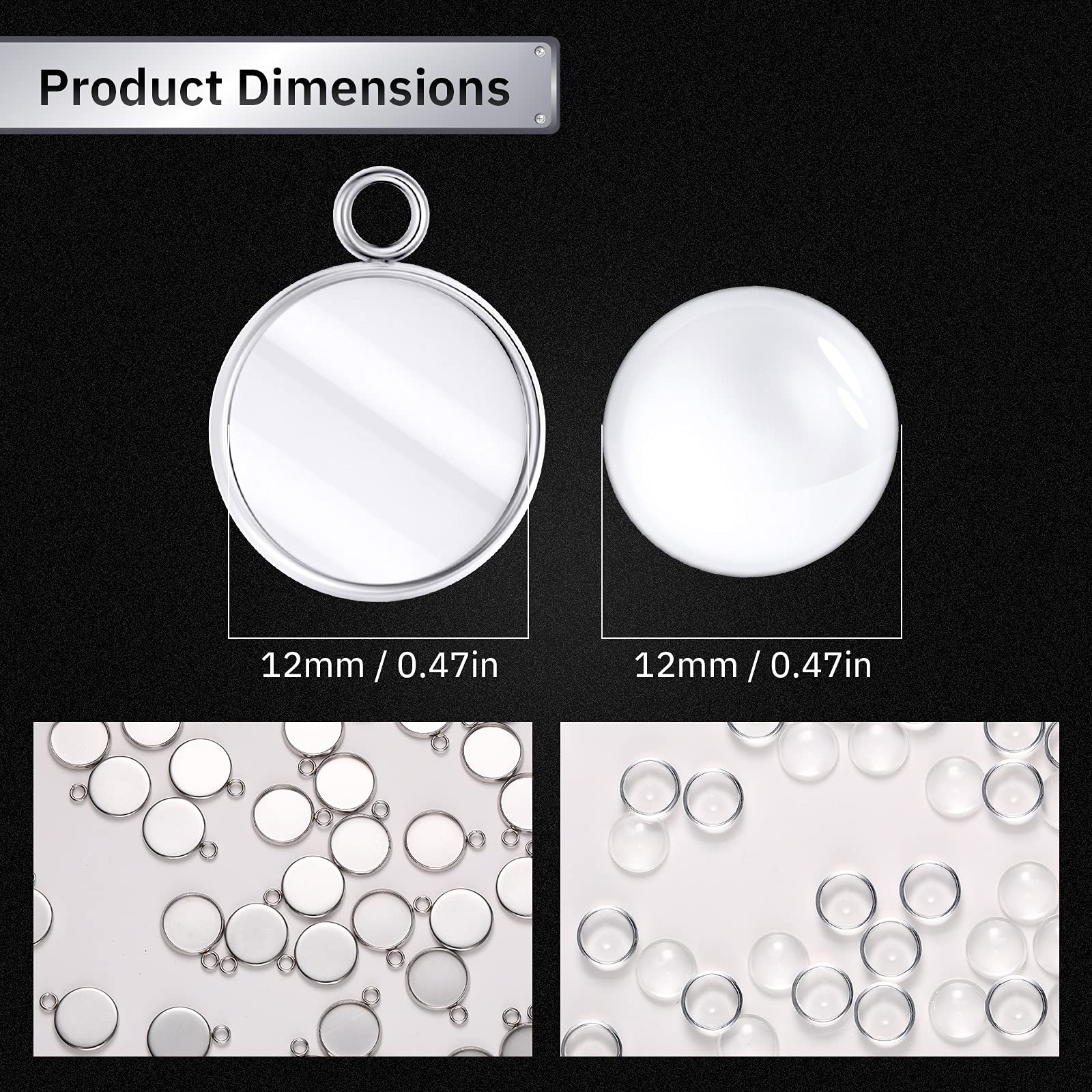 Hicarer 200 Pieces 12 mm Stainless Steel Round Blank Bezel Set, Including 100 Pendant Trays 100 Glass Cabochon Trays Pendant Blanks for Jewelry Making DIY Findings