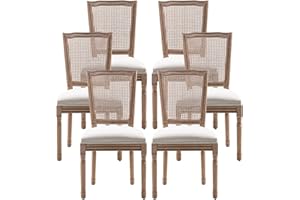 Nrizc French Country Dining Chairs Set of 6, Farmhouse Dining Chairs with Square Rattan Back, Solid Wood Legs, French Bistro Chairs for Dining Room/Living Room/Kitchen/Restaurant