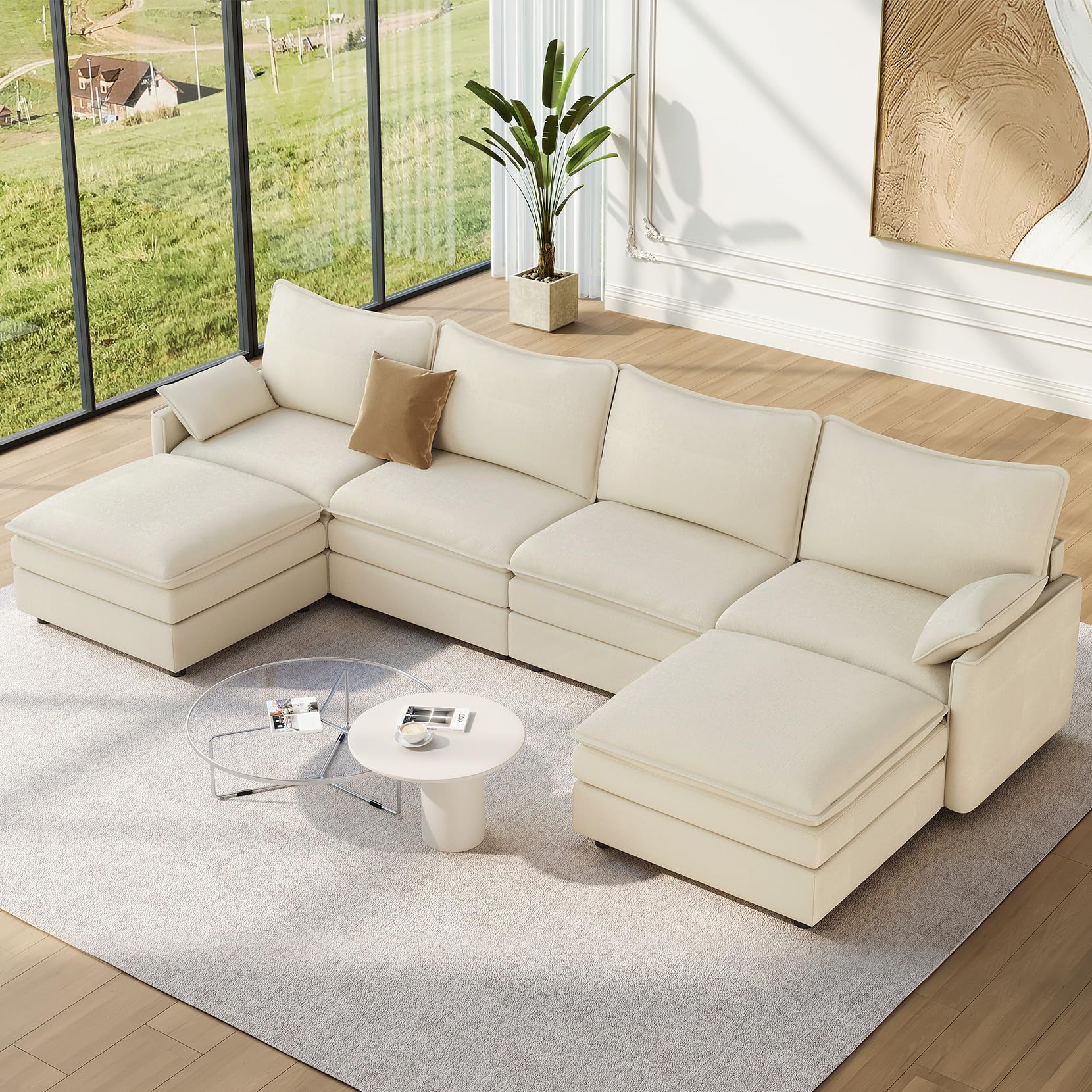 Photo 1 of ***MISSING HARDWARE***Vesgantti 142" U Shaped Sectional Couch, Comfy Cloud Modular Sectional Sofa with 2 Ottoman Deep Seat Chenille Modern Cloud Sofa, Modular Sofas for Living Room, Bedroom and Apartment, Beige