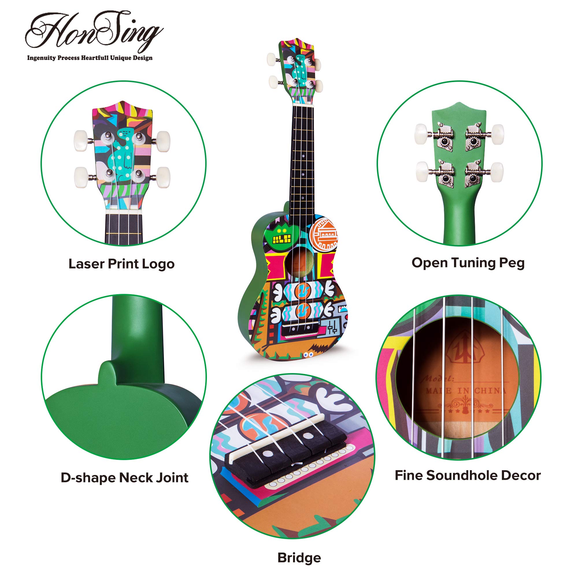 honsing Soprano Ukulele Kit with Gig Bag,Tuner,Strap and Pick,Novelty Doodle Tattoo