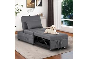 DRMBOOK 4 in 1 Ottoman Bed Sleeper Chair, Convertible Futon Chair Bed Pull Out Futon Chair Recliner Small Sofa Bed for Living Room, Bedroom, Apartment Office with Pillow (Drak Grey)