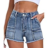 Aotasely 2025 Women's Stretchy Cargo Denim Shorts Mid Rise Jean Shorts Raw Hem Jorts with Pockets Short Jeans 3.5" Inseam