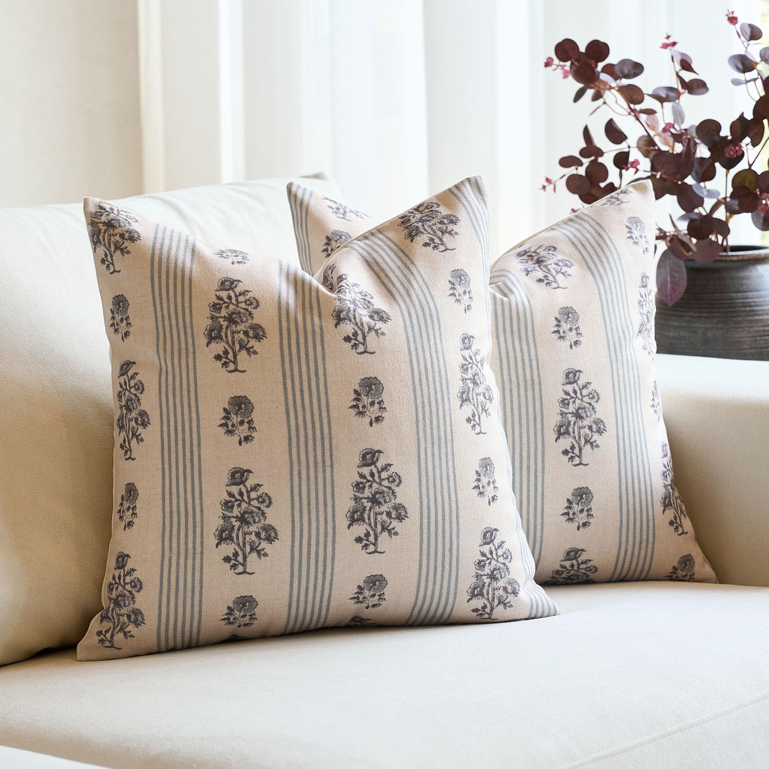 Photo 1 of (bagged) (used/fair) Amor Virisso Floral Throw Pillow Covers 20x20 Set of 2 Block Print Pillow Covers Neutral Floral Striped Farmhouse Decorative Pillow Covers for Sofa Couch Bed, Light Blue