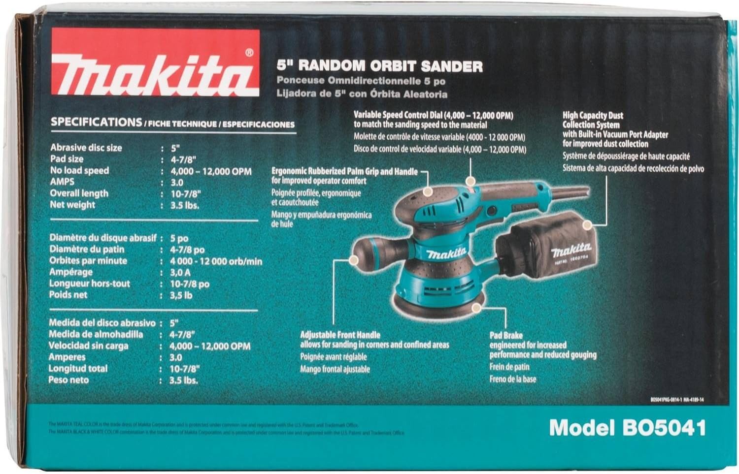 Makita BO5041 3-Amp 4000-12000 OPM D-Handle Random Orbit Sander, 5-Inch - - 
