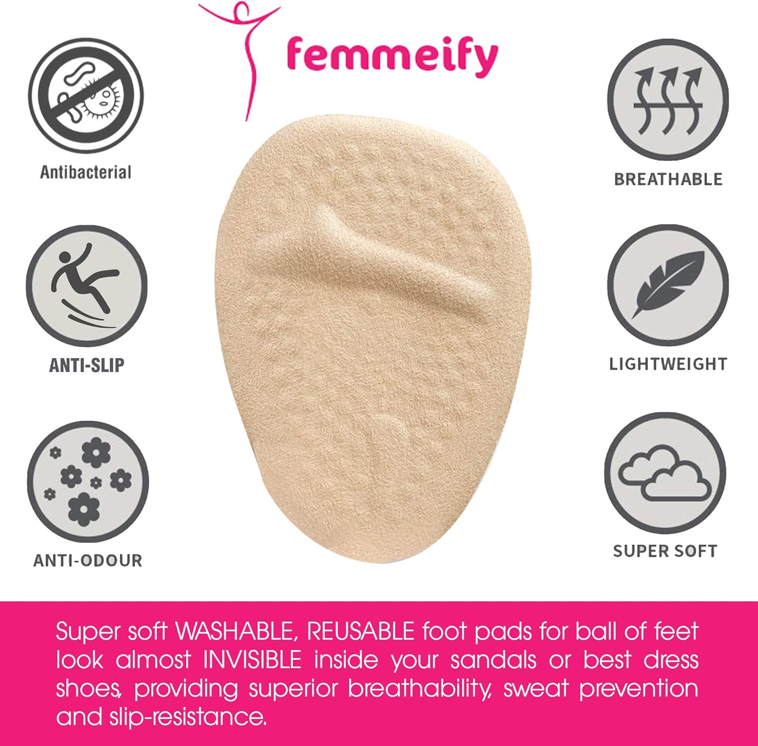 Femmeify Antibacterial Metatarsal Pads Heel Cushion for Women and Detox Foot Pads and Arch Support Shoe Insert - Pain Relief Heel Cup | Ball Foot Cushions | 2 Pairs (4pcs): Health & Personal Care