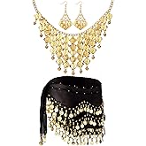 Hicarer Belly Dance Hip Scarf for Women Gypsy Costume Set Hip Skirt Gold Necklace and Earrings Dance Outfit Accessories