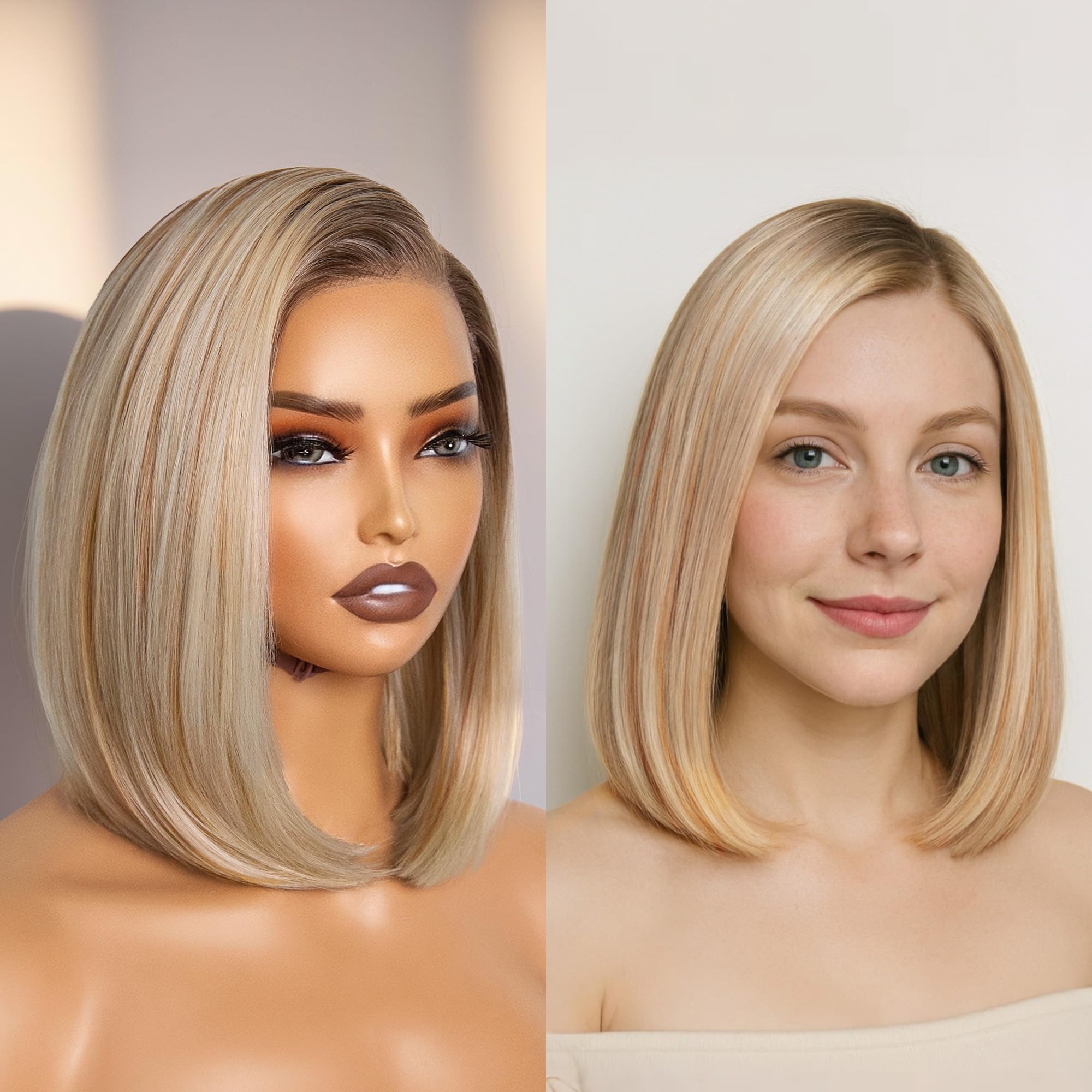 Photo 1 of 2 GORGIUS Ombre Blonde Bob Lace Front Wigs with Brown Roots Pre Cut Glueless Side Part Short Straight Wig For Women Pre Plucked Hairline 12 Inch