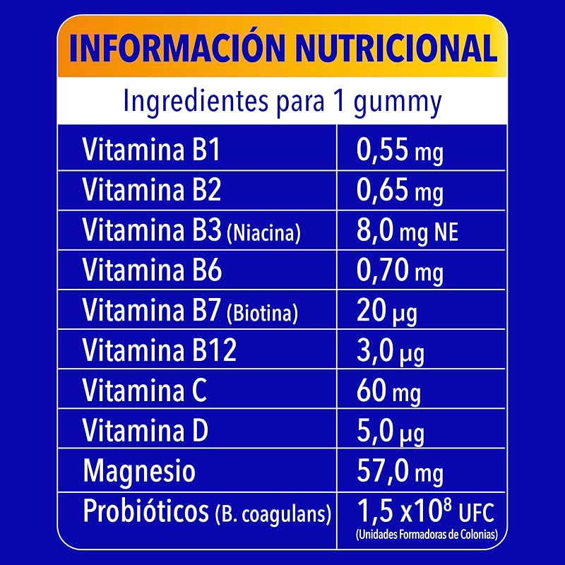 Gummies Energy para la Reducción de la Fatiga¹ con Vitamina C y Magnesio, Vitaminas B12, B1, B2, B3, B6, B7, D y Probióticos, 60 gummies