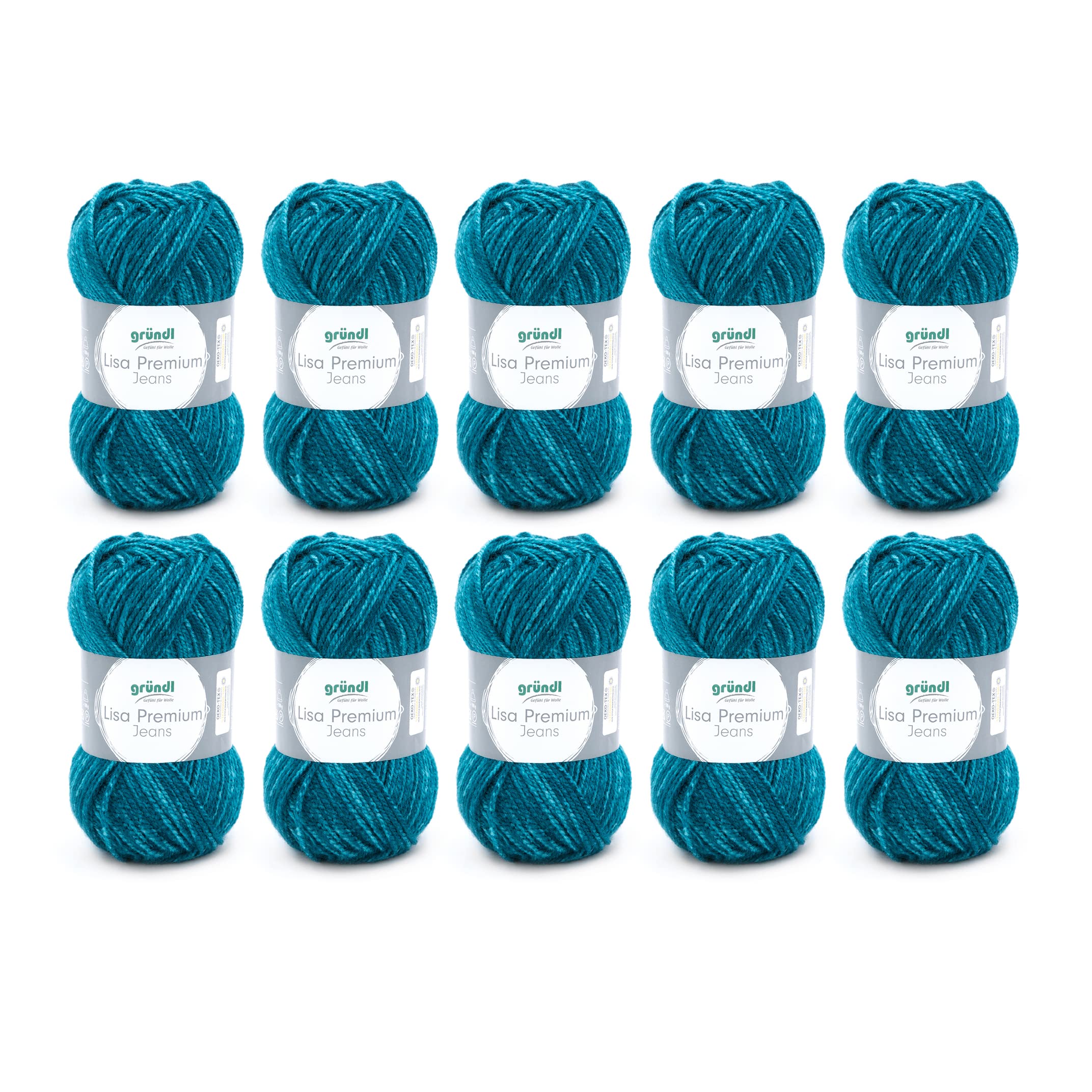 Gründl Wolle Lisa Premium Jeans, Yarn for Knitting with Colour Gradient, Knitting Yarn, Crochet Yarn, Soft and Skin-Friendly, 100% Polyacrylic, 10 Balls 50 g / 133 m, Needle Size 3.5-4.5, Green Blue