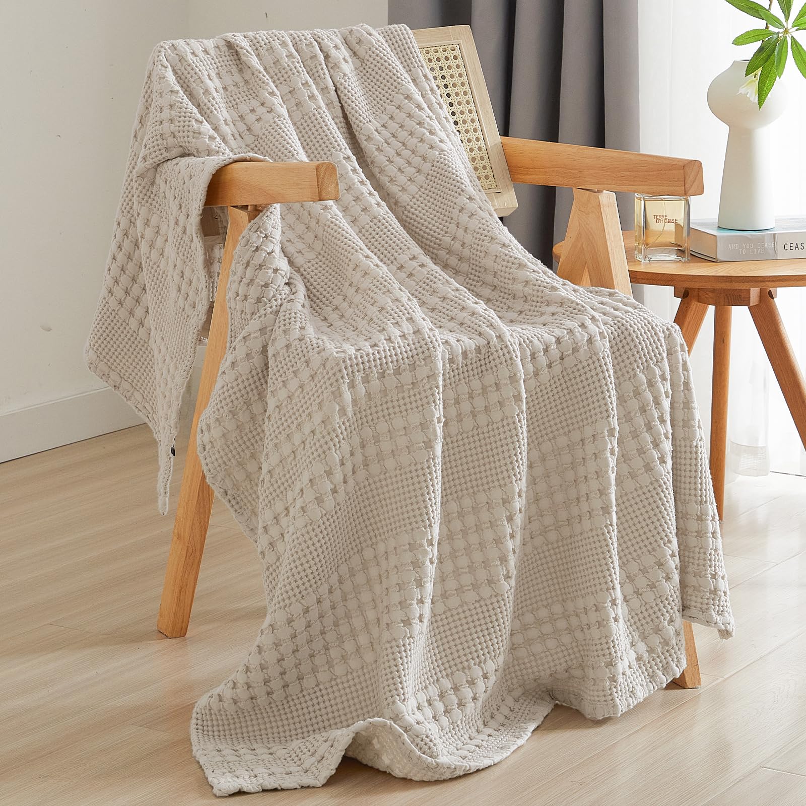 Photo 1 of PHF 100% Cotton Waffle Weave Throw Blanket, Soft Lightweight Breathable Cozy Throws for Couch Bed Sofa, Luxury Aesthetic Woven Blanket for Home Decor & Office, 50"x60", Oatmeal