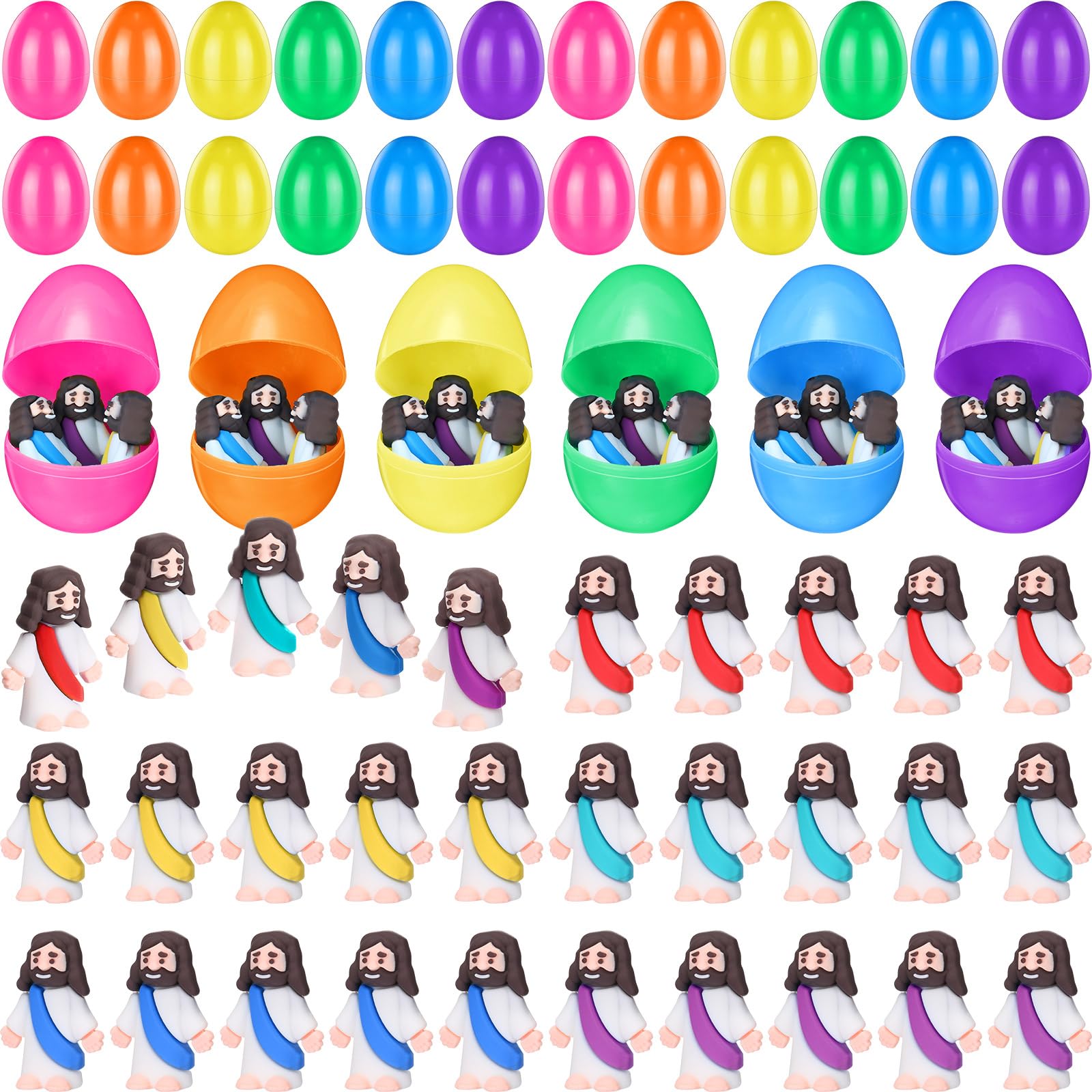 Barydat 60 Pcs Prefilled Jesus Easter Eggs with Little Religious Figurines Resin Toys Miniature Jesus Doll Gifts Eggs for Sunday School Easter Hunt Party Baptism Gift (Original)