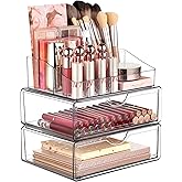 Vtopmart 3 Tier Clear Makeup Organizer with Drawer, Cosmetic Storage for Dresser Countertop and Bathroom Vanity, Beauty Holder for Lipstick Brush Skincare