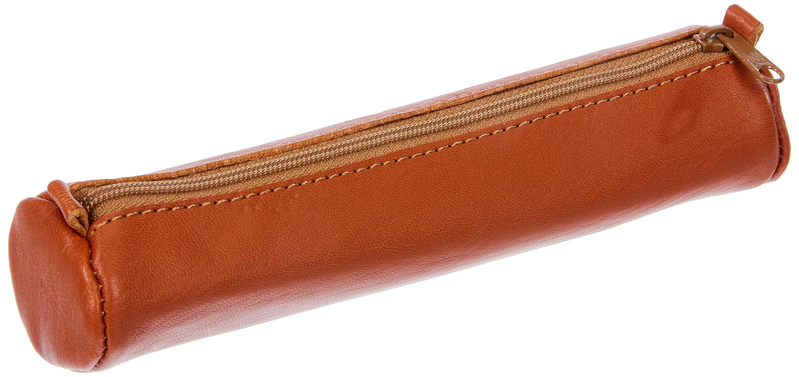 Clairefontaine 77018C Collection Age Bag - One Small Round Genuine Brown Lambskin Leather Pencil Case - Dimensions: 18.5 cm x 4 cm - Manufactured in France