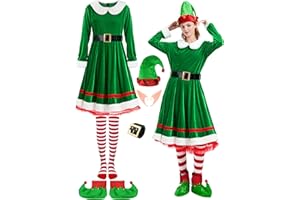 FancyFun 6 Pack Elf Costume for Women Christmas Outfit Velvet Dress Santa's Helper Costume Belt Socks Elf Hat Shoes Cosplay