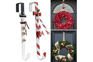 WKHOMEDECO 2 Pack Candy Cane Snowman Wreath Hangers for Front Door,Christmas Decoration Metal Over The Door Single Wreath Hook Ornament Door Wreath Hanger,Door Hanger for Wreath Front Door