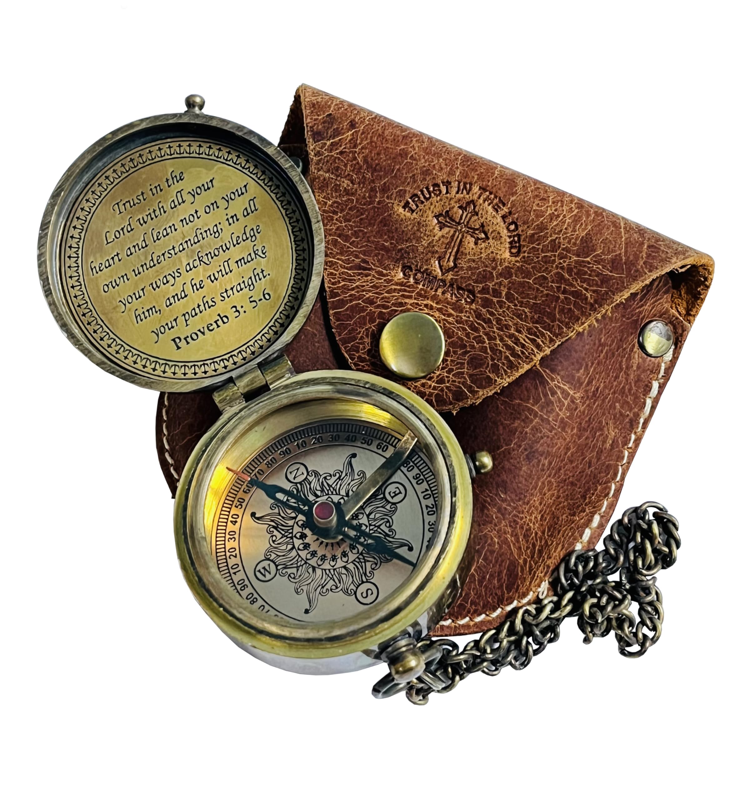 TUBAZ Trust in The Lord with All Your Heart -Proverbs 3: 5-6 Quote Engraved Compass with Leather Case,Camping Compass, Graduation Day Gifts-Graduation for Men Boy Girls