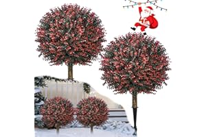 YUGYUM 2 Pack Red Artificial Boxwood Topiary Ball Trees Bush Outdoor,24" Fake Bushes Xmas Cedar Tree with Spikes, Faux Plants Shrubs for Yard Porch Pathway, Urn Filler,Holiday Decoration