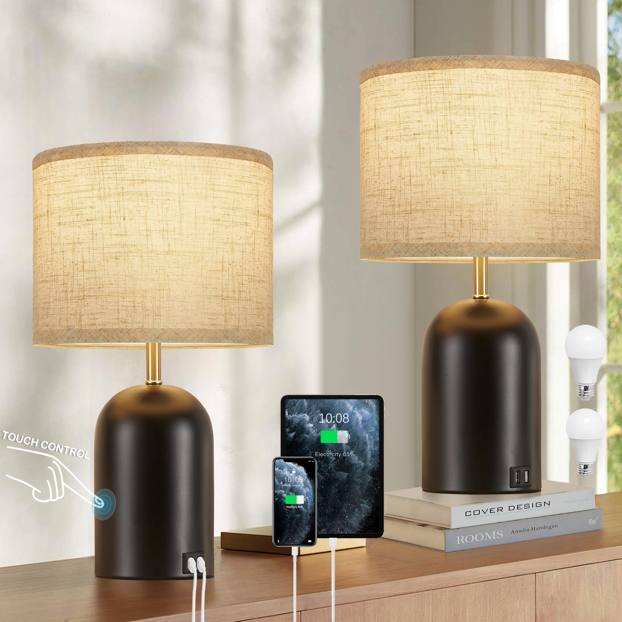 Photo 1 of Bedside Lamps with USB C+A Charging Ports, Table Lamp Touch Control 3-Way Dimmable Modern Lamp for Bedroom Lamps for Night Stands with Fabric Shade for Living Room Office Dorm (LED Bulbs Included)