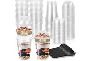 50 Sets Yogurt Parfait Cups with Dome Lids and Sporks, 12oz Plastic Clear Dessert Cups, Disposable Leak-Proof Stackable To Go