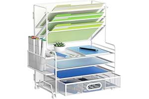 MINDEPOT Desk Paper Organizer Tray, Desktop File Folder Sorter Holder for A4 Letter-Size Paper Document Organization for Office Home School Classroom (White 4+3 File Organizer with Drawer+Pen Holder)