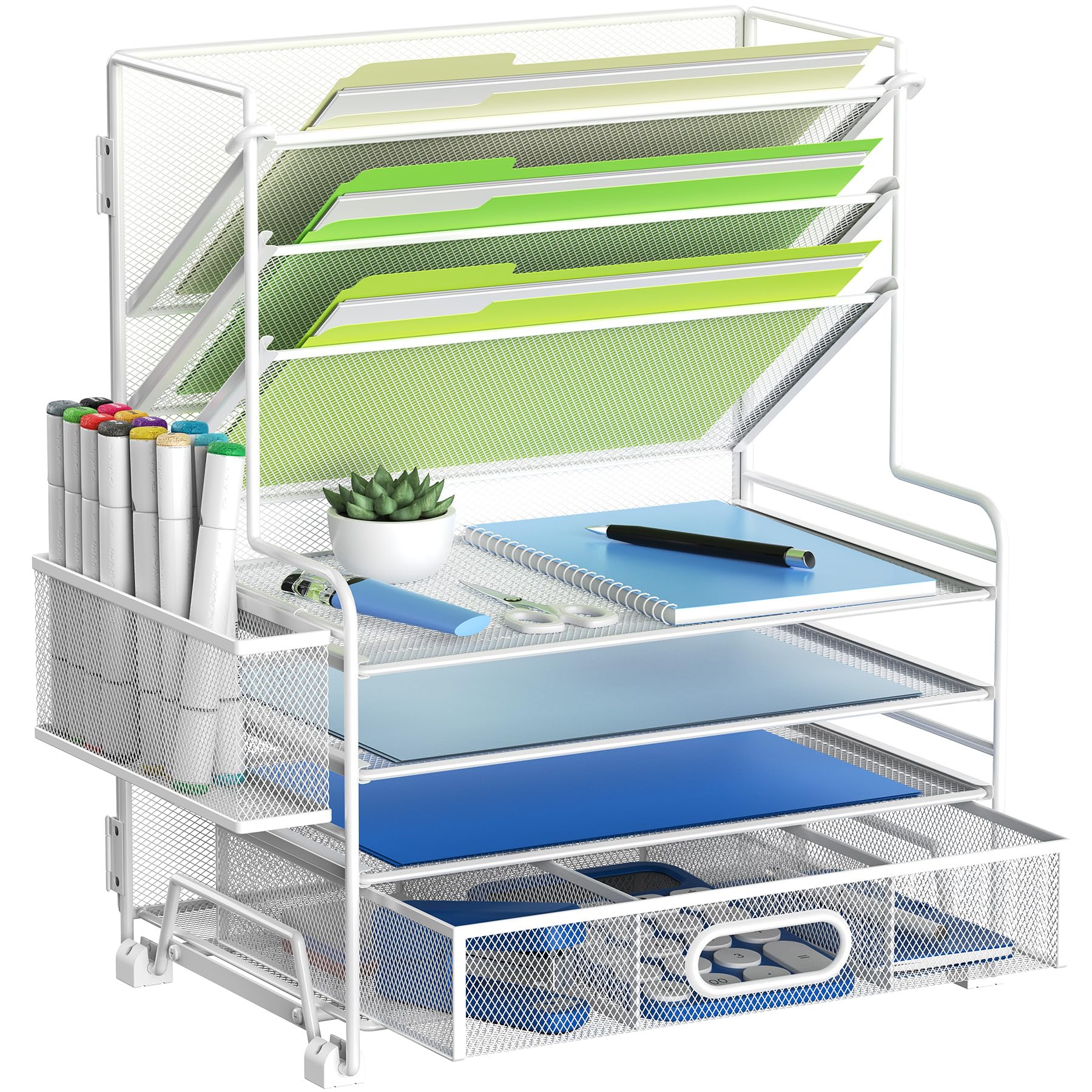 Photo 1 of MINDEPOT 4-Tier Paper Organizer + 3-Pocket File Holder + Drawer + Pen Holders, Desktop File Organizers Paper Tray for Office Supplies School Classroom Organization (White, with Drawer & Pen Holder)