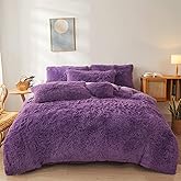 FOPPA Dark Purple Faux Fur Comforter Cover Set Ultra Soft Plush Bedding Sets (1 Duvet Cover + 2 Pillow Cases) Zipper Closure (Queen, Dark Purple)