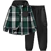 ADIRUN Toddler Boy Clothes Plaid Button Down Long Sleeve Hooded Shirt Tops Pants with Pockets 2Pcs Fall Winter Outfits 3-8Y