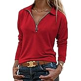 Halife Women's Collared Long Sleeve Shirts Business Casual Dressy Blouse Shirt Tunic Half Zip V Neck Work Tops Blouses