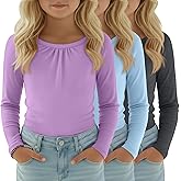 LessonZoo 3 Pack Girls Long Sleeve Shirts Basic Casual Tops Loose Fit Kids Crewneck Solid Soft Layering Shirts