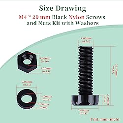 Pzsmocn 300 Pieces/100 Sets M4*20 mm Plastic Black